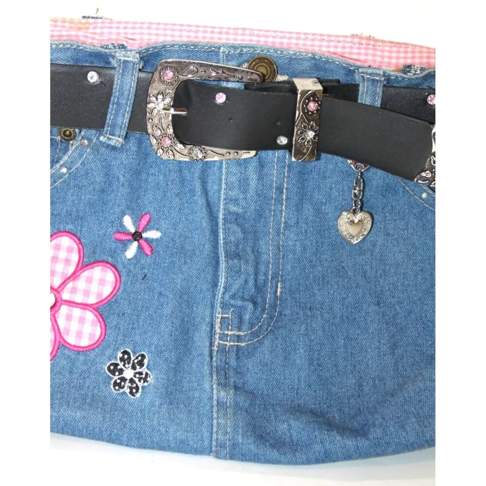 Denim Jean Purse Belt Key Chain Pink Flower Embellished Y2K Shoulder Trendy Bag